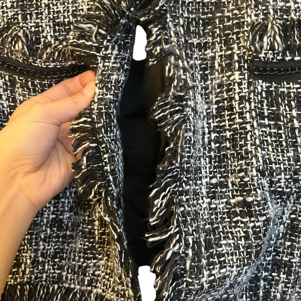 Sandro Tweed Long Jacket Black Boucle Blazer Fringe Collarless Classic Size L - Picture 8 of 12